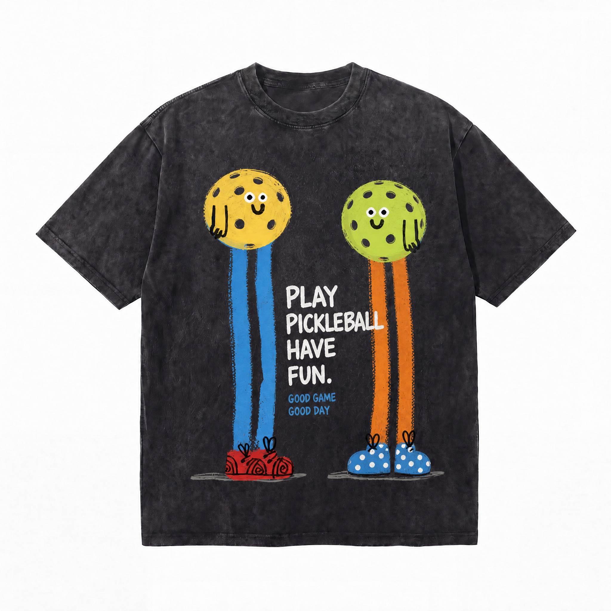 Vintage Acid Wash Play Pickleball Have Fun Cartoon Characters Oversized T-Shirt