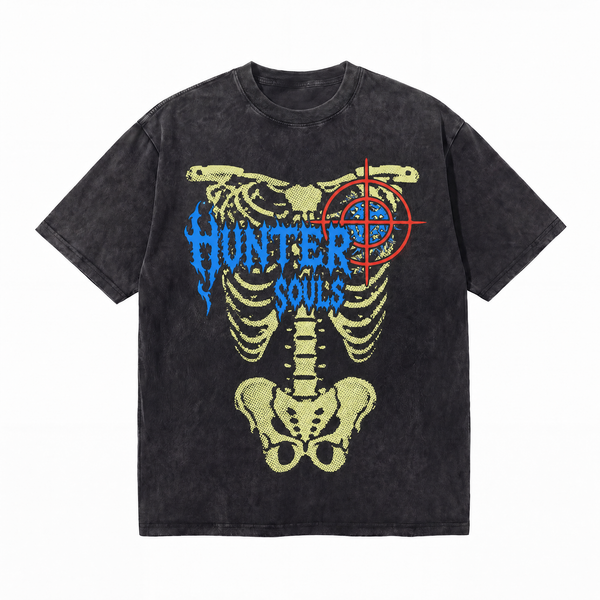 Vintage Acid Wash Hunter Souls Skeleton Target Gothic Oversized Metal Graphic T-Shirt | LAWLESSROW