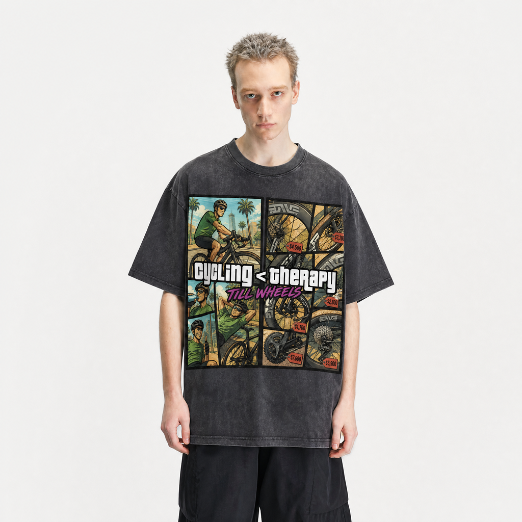 Vintage Acid Wash Cycling < Therapy GTA-Style Comic Oversized Graphic T-Shirt | LAWLESSROW