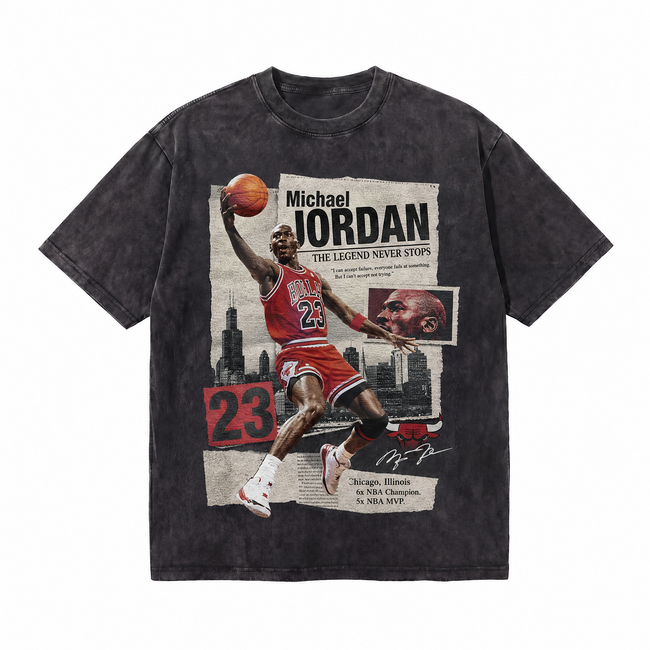 Vintage Acid Wash Michael Jordan Newspaper Oversized Basketball Graphic T-Shirt | LAWLESSROW Hover Image