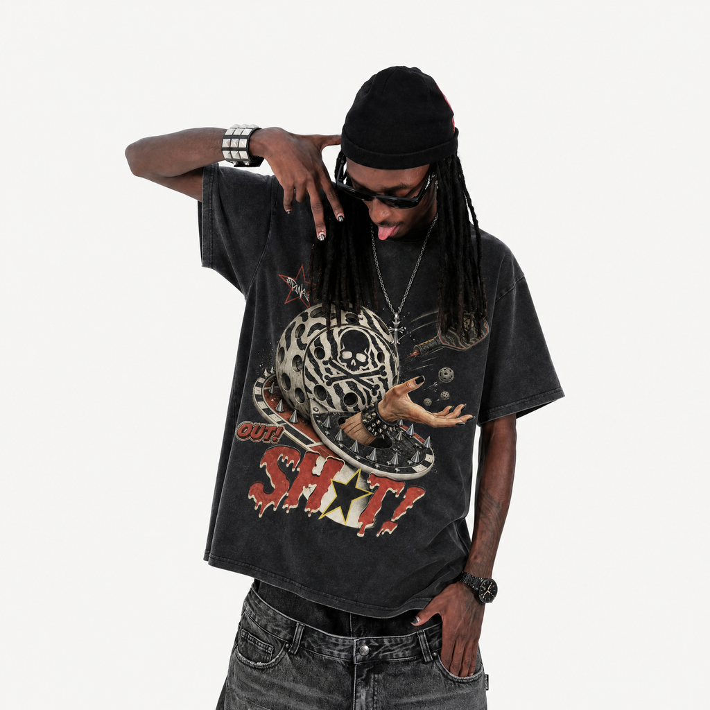 Vintage Acid Wash Out Shot Skull Pickleball Punk Oversized Graphic T-Shirt | LAWLESSROW