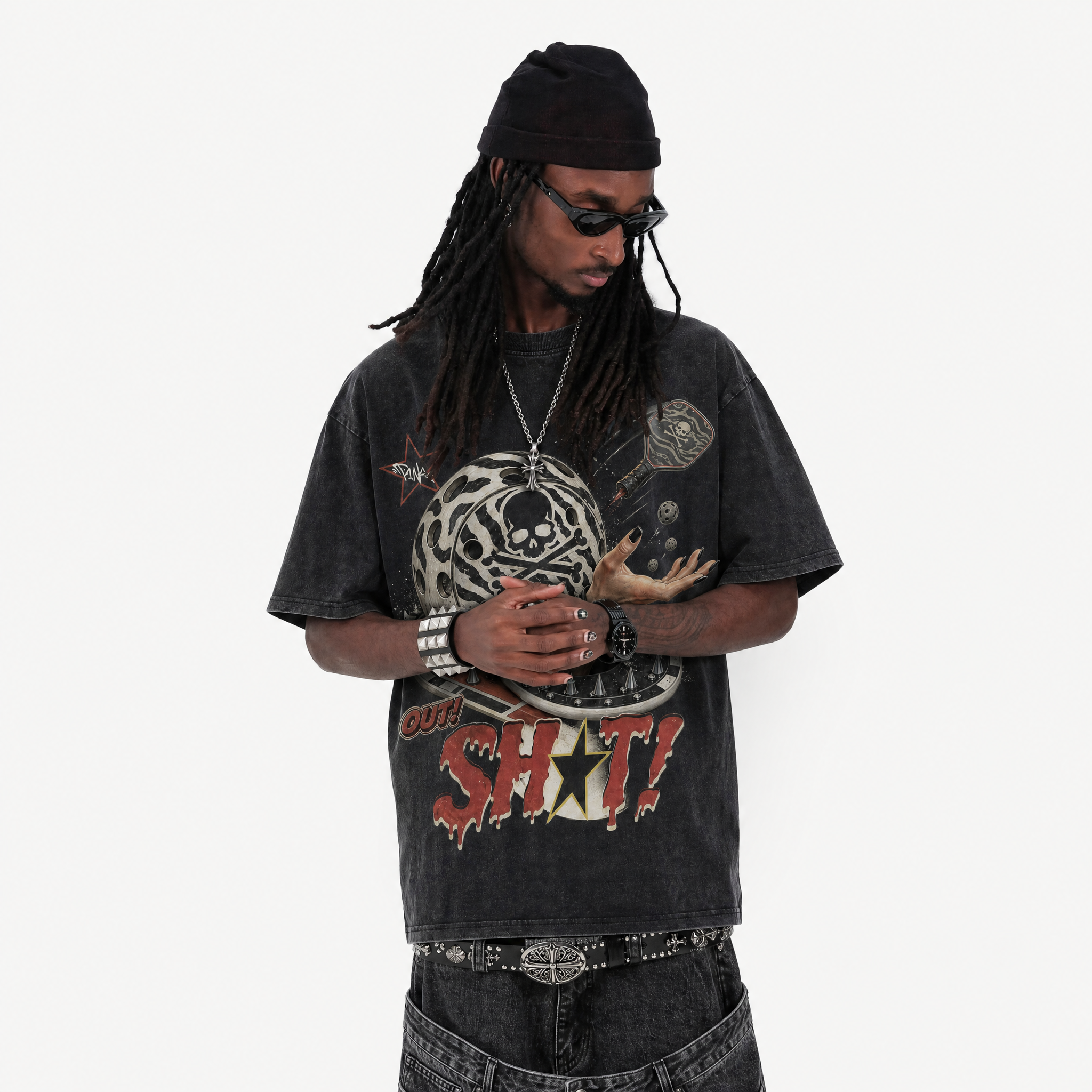 Vintage Acid Wash Out Shot Skull Pickleball Punk Oversized Graphic T-Shirt | LAWLESSROW