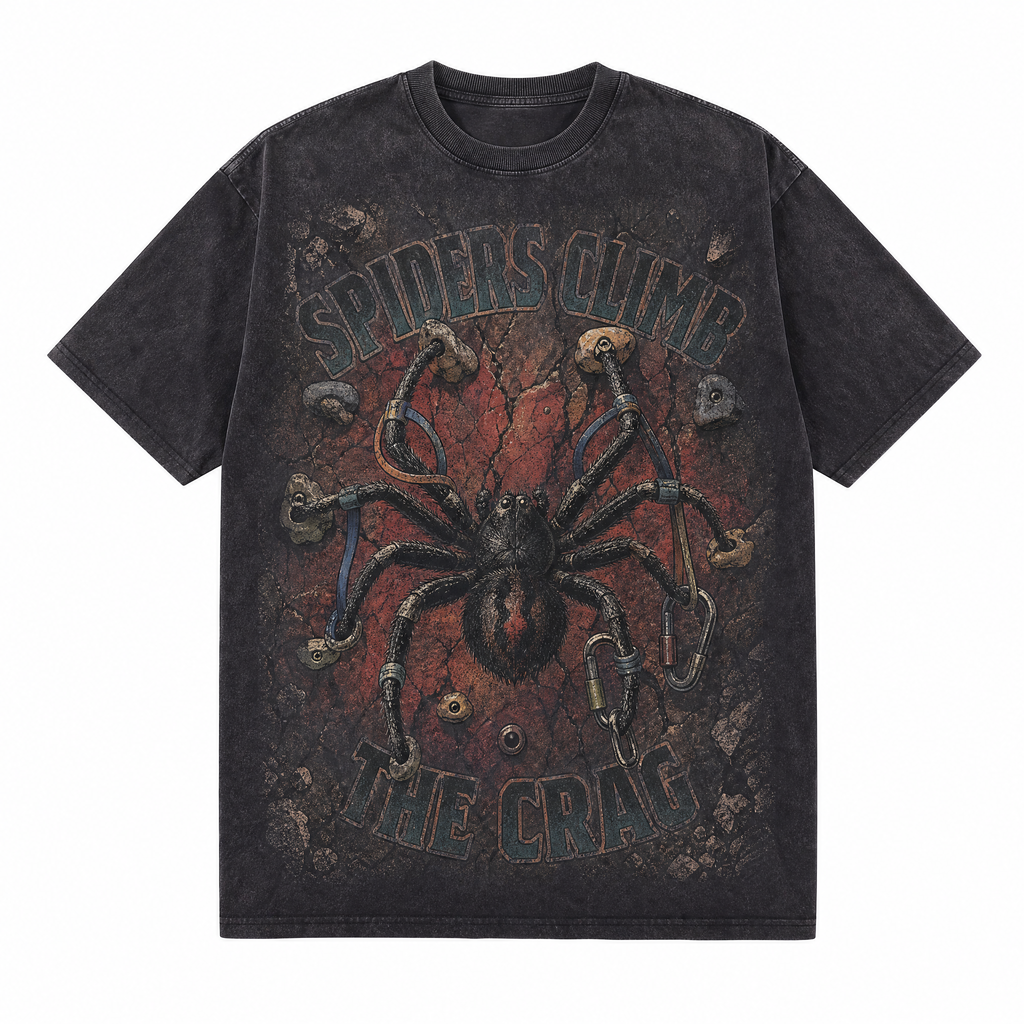 Vintage Acid Wash Spiders Climb The Crag Rock Climbing Oversized Graphic T-Shirt | LAWLESSROW