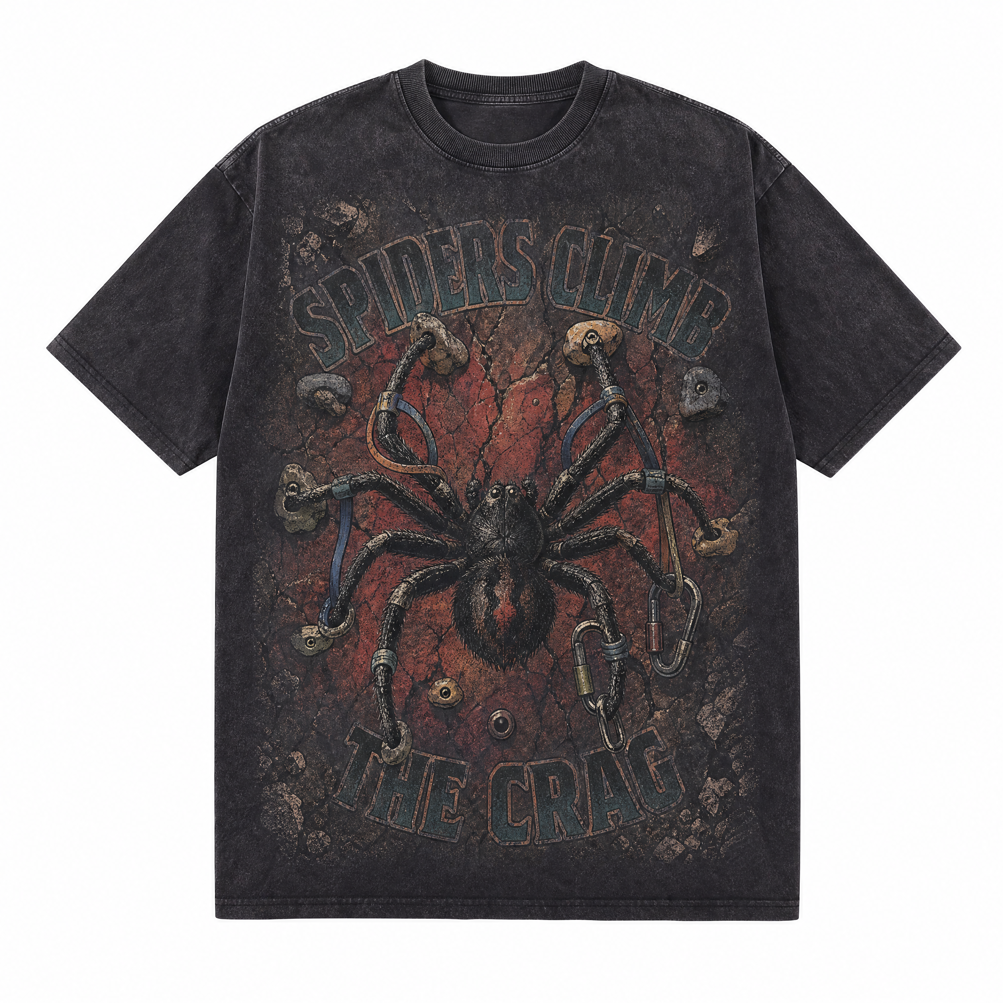 Vintage Acid Wash Spiders Climb The Crag Rock Climbing Oversized Graphic T-Shirt | LAWLESSROW