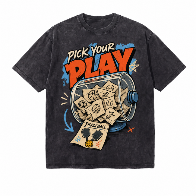 Vintage Acid Wash Pick Your Play Pickleball Retro Cartoon Oversized T-Shirt Hover Image