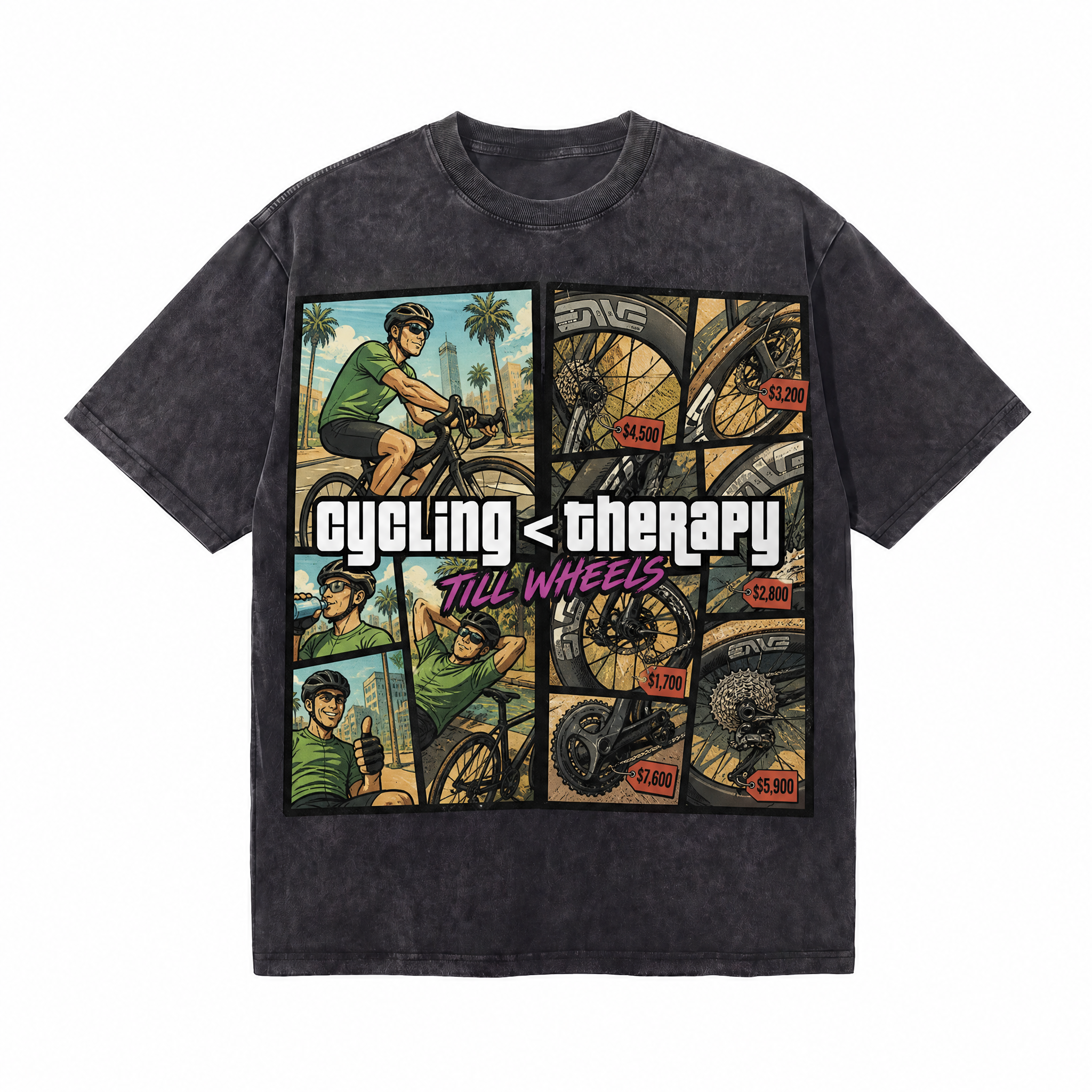 Vintage Acid Wash Cycling < Therapy GTA-Style Comic Oversized Graphic T-Shirt | LAWLESSROW