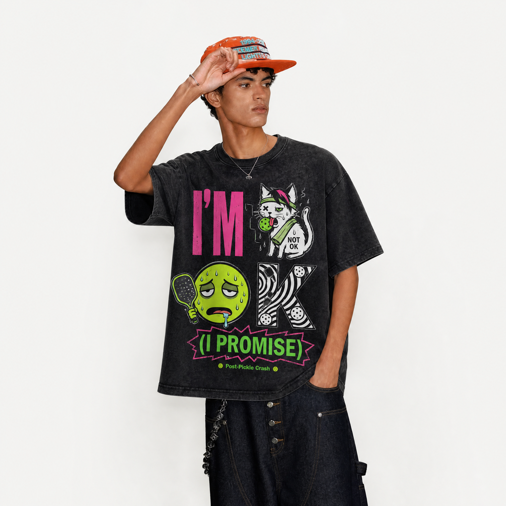 Vintage Acid Wash I'm OK I Promise Post-Pickle Crash Cat Oversized Pickleball T-Shirt | LAWLESSROW