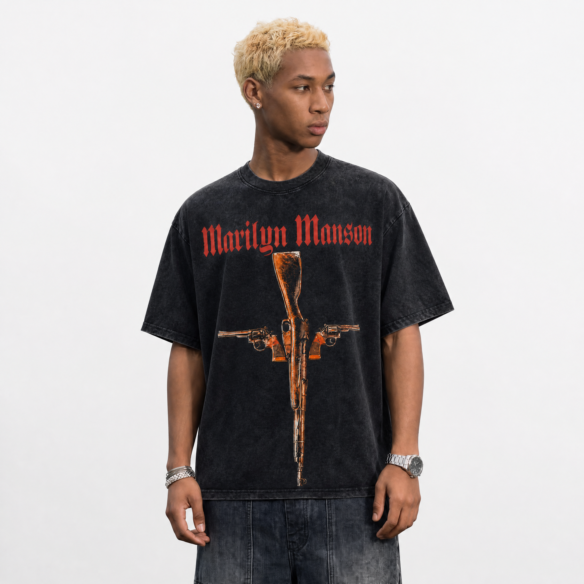 Vintage Acid Wash Marilyn Manson Crossed Guns Oversized Rock Band Graphic T-Shirt | LAWLESSROW