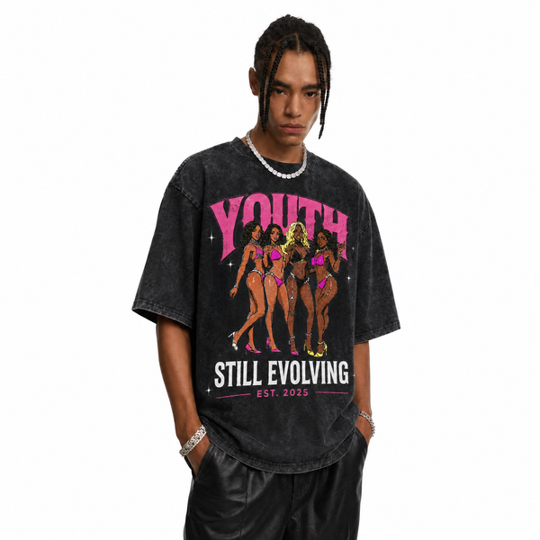 Vintage Acid Wash Youth Still Evolving Black Women Portrait Oversized Streetwear T-Shirt | LAWLESSROW - hover