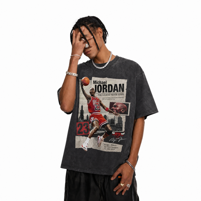 Vintage Acid Wash Michael Jordan Newspaper Oversized Basketball Graphic T-Shirt | LAWLESSROW Main Image