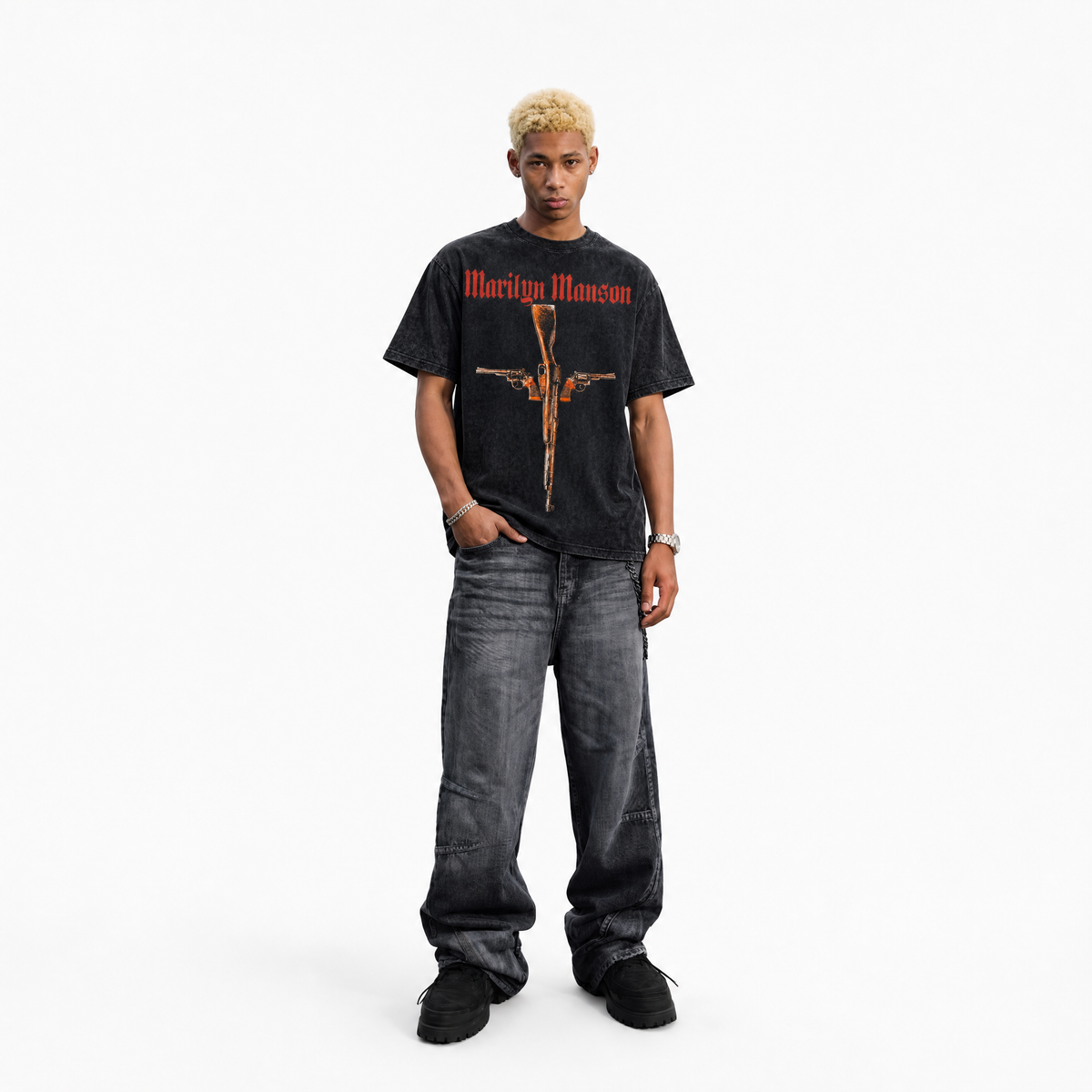 LAWLESSROW Vintage Marilyn Manson Crossed Guns Oversized Rock Band Graphic T-Shirt