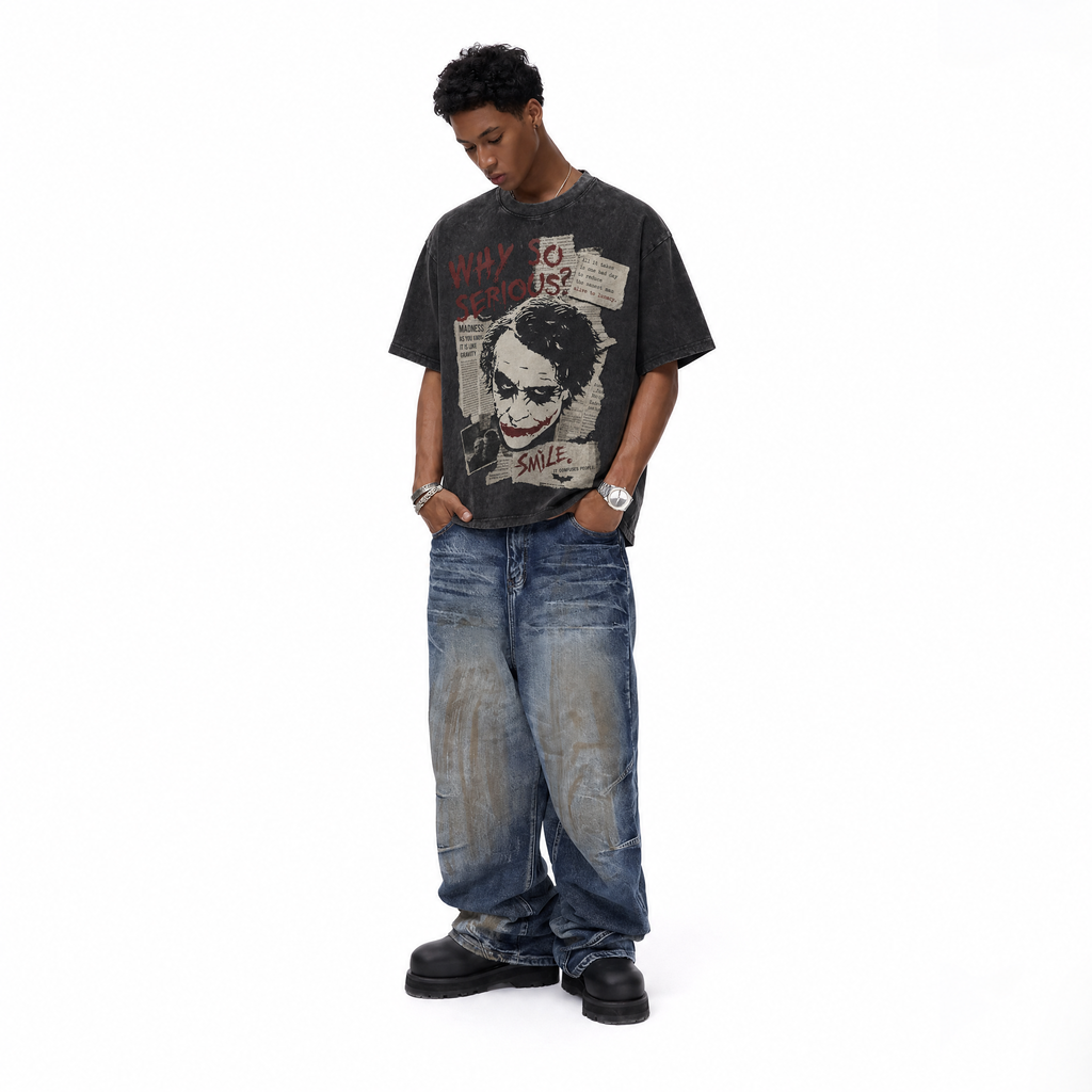 Vintage Acid Wash Joker Why So Serious Newspaper Collage Oversized Graphic T-Shirt | LAWLESSROW