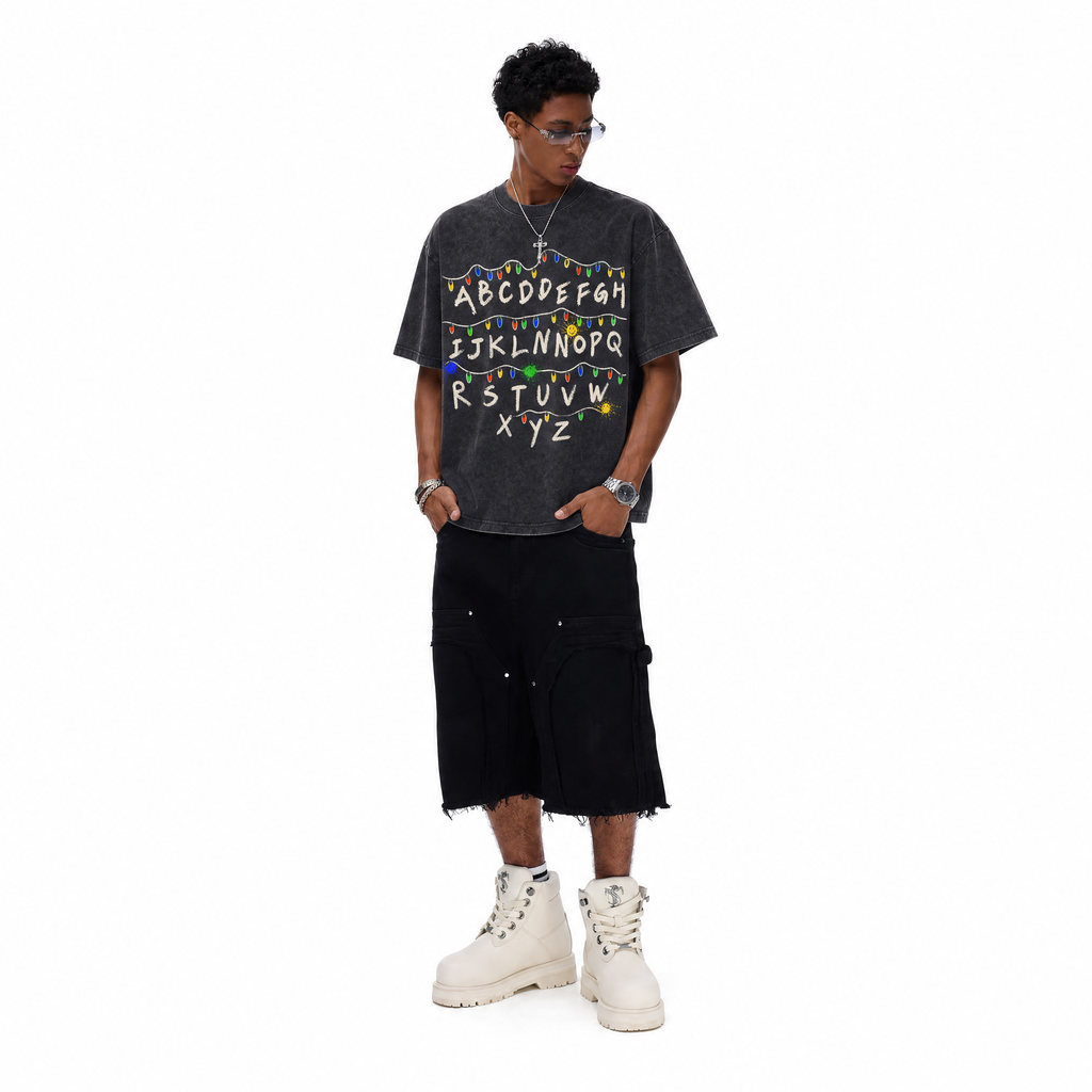 LAWLESSROW Alphabet Lights Vintage Washed Oversized Graphic Tee