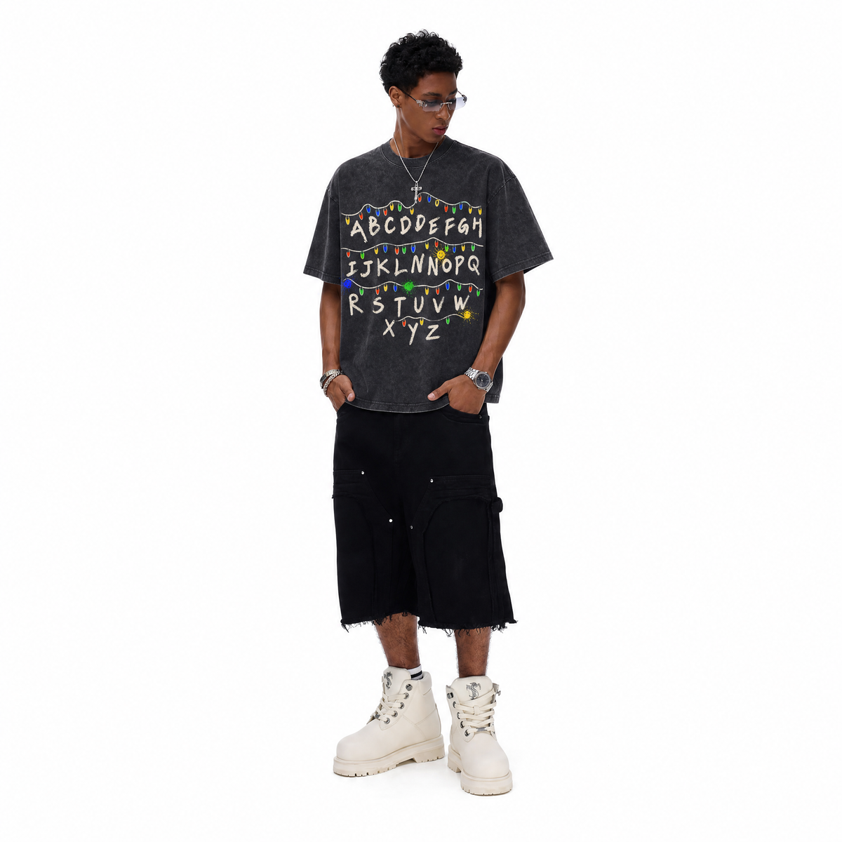LAWLESSROW Alphabet Lights Vintage Washed Oversized Graphic Tee