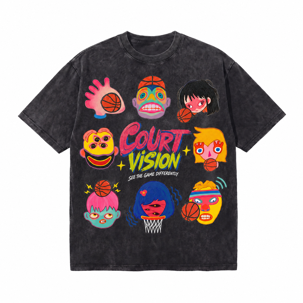 Vintage Acid Wash Court Vision Abstract Basketball Art Oversized Graphic T-Shirt | LAWLESSROW