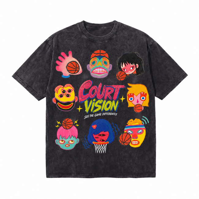 Vintage Acid Wash Court Vision Abstract Basketball Art Oversized Graphic T-Shirt | LAWLESSROW Hover Image