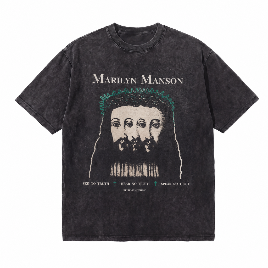Vintage Acid Wash Marilyn Manson Three Faces Gothic Oversized Rock Band T-Shirt | LAWLESSROW