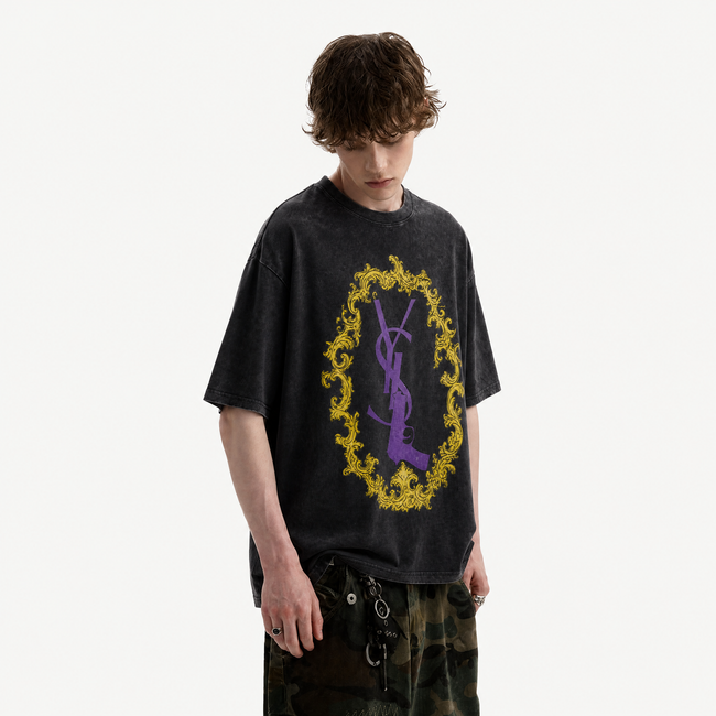 Vintage Acid Wash Ornate Gold Frame Purple Gun Logo Oversized Streetwear T-Shirt | LAWLESSROW Main Image