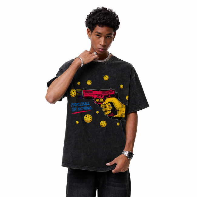 Vintage Acid Wash Pickleball Or Nothing Pistol Graphic Oversized T-Shirt | LAWLESSROW Main Image