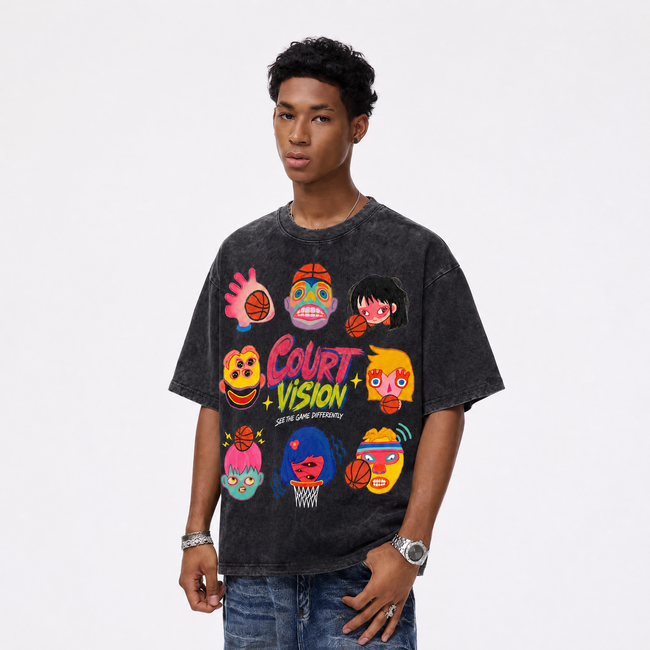 Vintage Acid Wash Court Vision Abstract Basketball Art Oversized Graphic T-Shirt | LAWLESSROW Main Image
