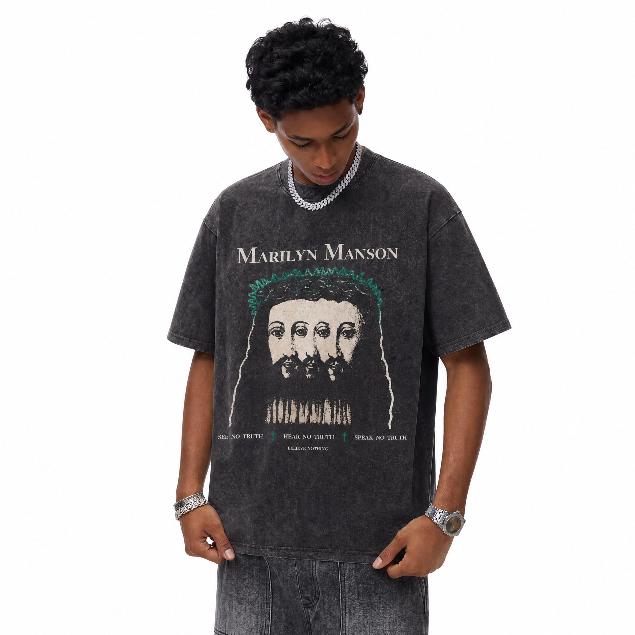 Vintage Acid Wash Marilyn Manson Three Faces Gothic Oversized Rock Band T-Shirt | LAWLESSROW