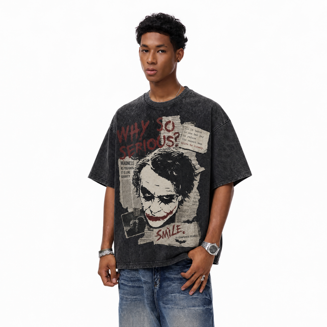Vintage Acid Wash Joker Why So Serious Newspaper Collage Oversized Graphic T-Shirt | LAWLESSROW Main Image