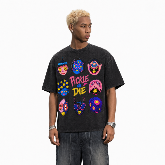 Vintage Acid Wash Pickle Or Die Trippy Monster Face Oversized Graphic T-Shirt | LAWLESSROW Main Image