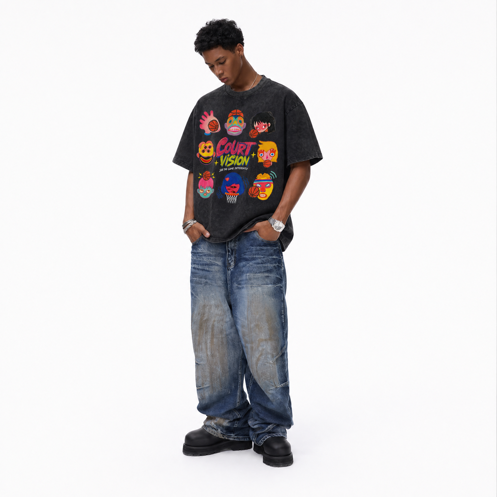 Vintage Acid Wash Court Vision Abstract Basketball Art Oversized Graphic T-Shirt | LAWLESSROW