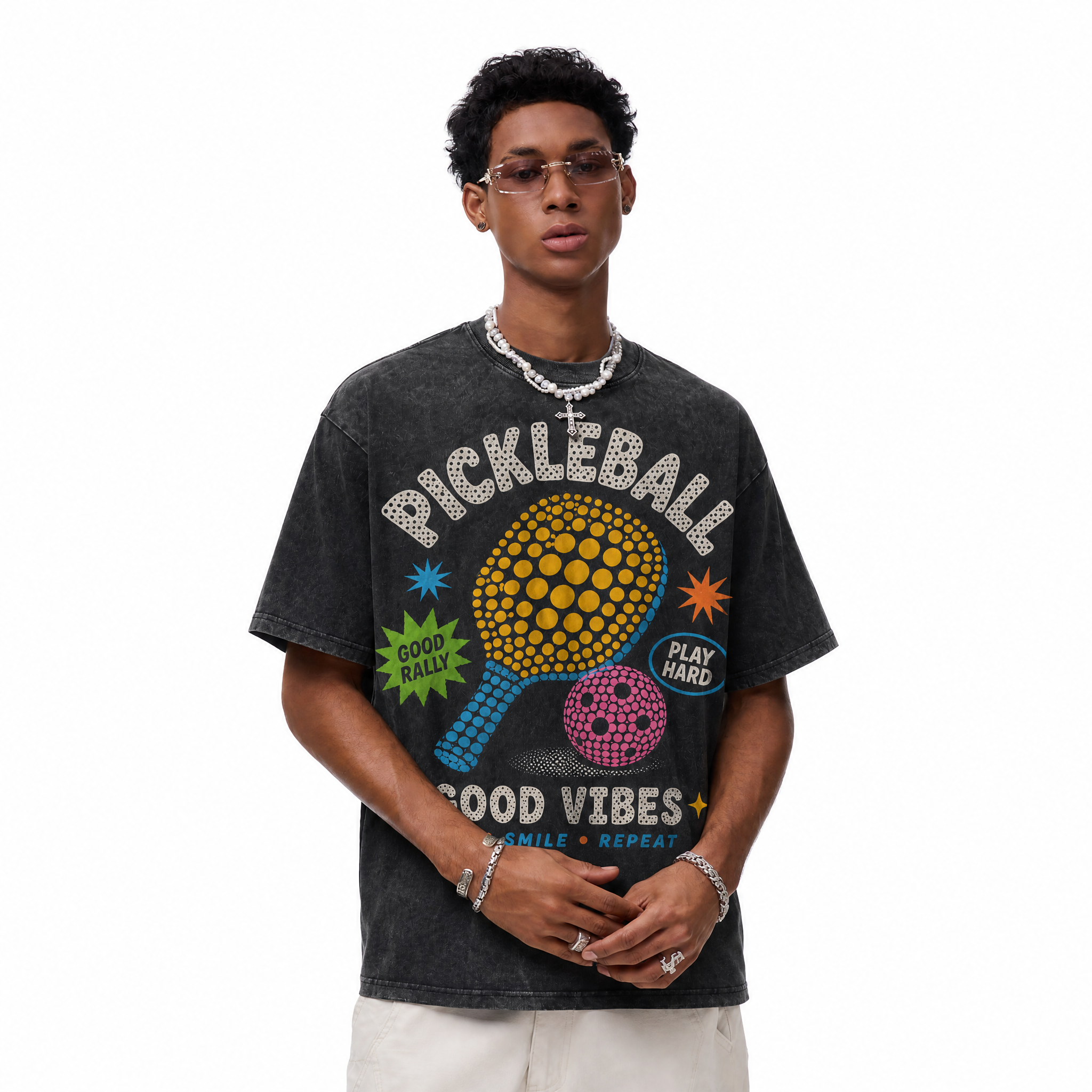 LAWLESSROW Good Vibes Pickleball Vintage Washed Oversized Graphic Tee