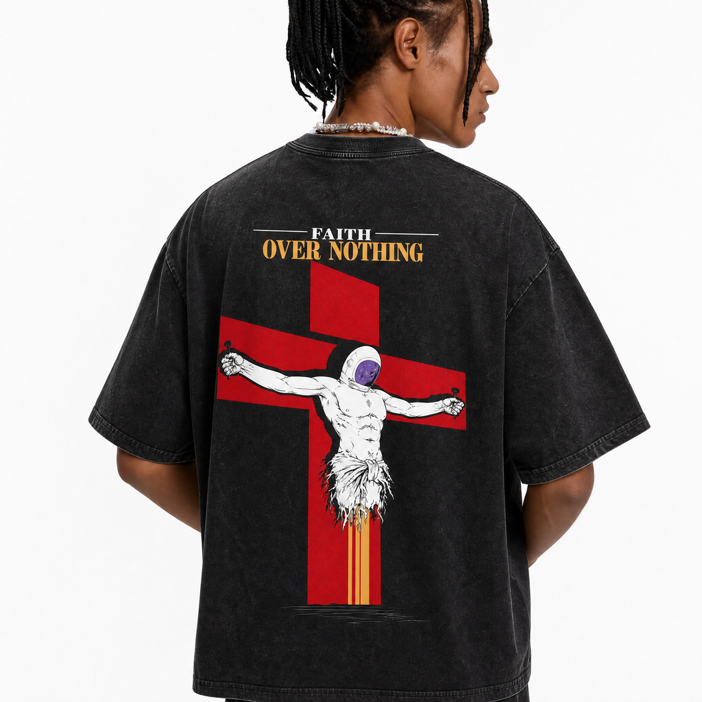 Vintage Acid Wash Astronaut Cross Faith Over Nothing Oversized Graphic T-Shirt | LAWLESSROW