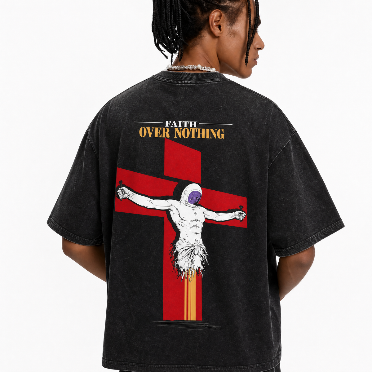 LAWLESSROW Vintage Astronaut Cross Faith Over Nothing Oversized Graphic T-Shirt