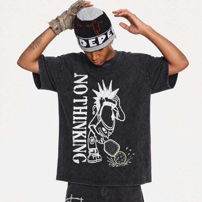Vintage Acid Wash No Thinking Pickleball Punk Cartoon Oversized Graphic T-Shirt | LAWLESSROW Main Image