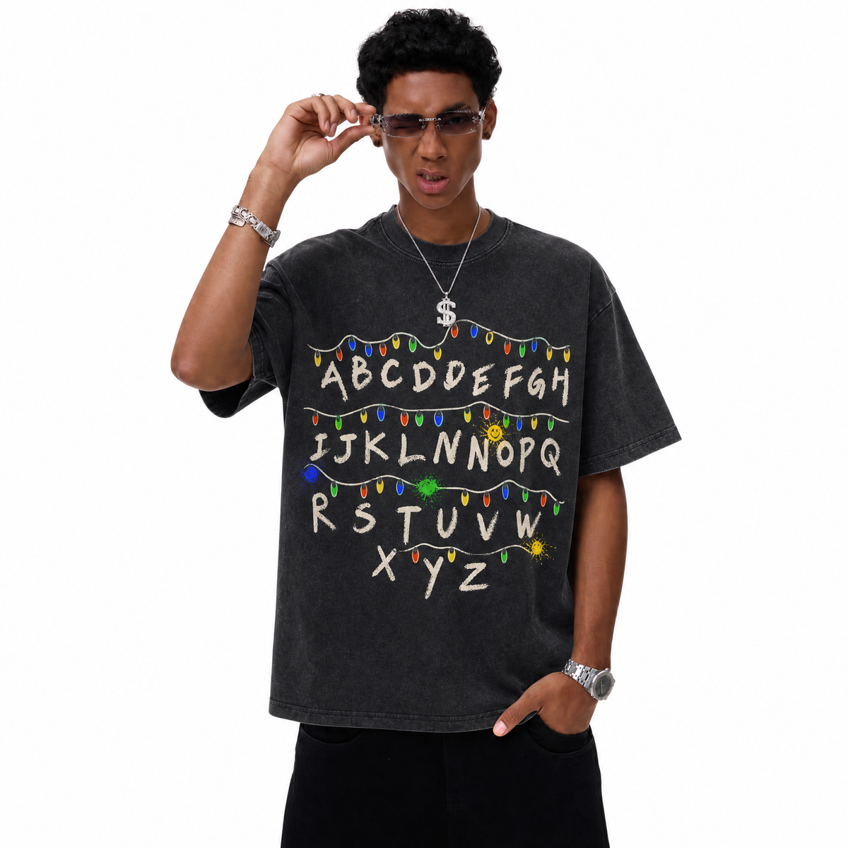 LAWLESSROW Alphabet Lights Vintage Washed Oversized Graphic Tee