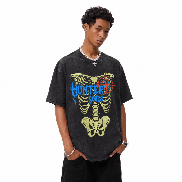 Vintage Acid Wash Hunter Souls Skeleton Target Gothic Oversized Metal Graphic T-Shirt | LAWLESSROW - hover