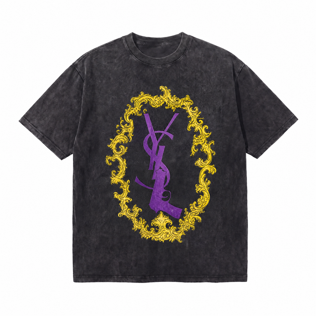 Vintage Acid Wash Ornate Gold Frame Purple Gun Logo Oversized Streetwear T-Shirt | LAWLESSROW Hover Image