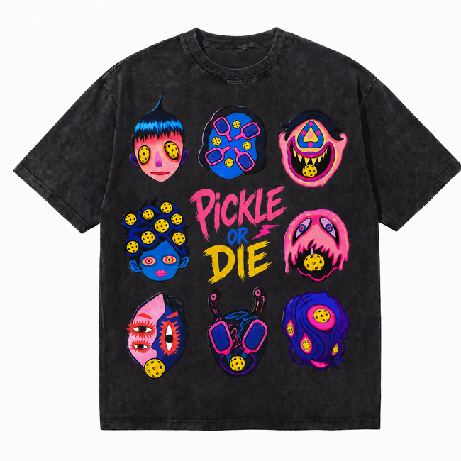 Vintage Acid Wash Pickle Or Die Trippy Monster Face Oversized Graphic T-Shirt | LAWLESSROW Hover Image