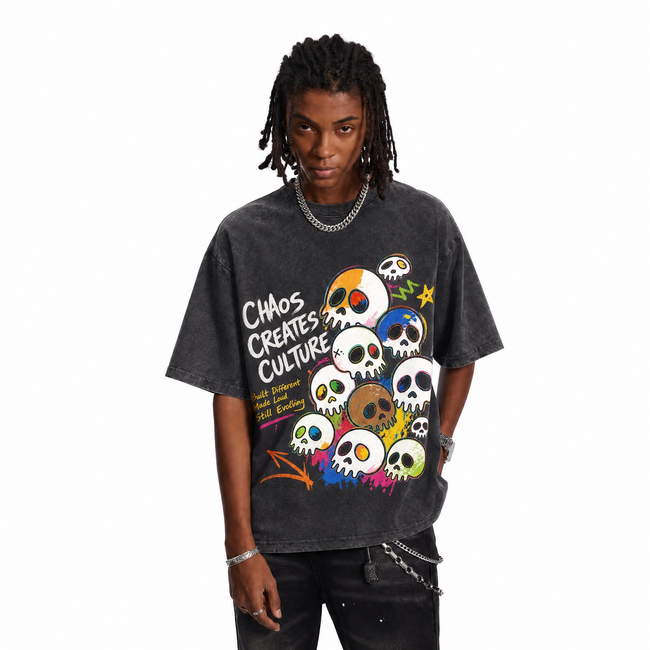 Vintage Acid Wash Chaos Creates Culture Colorful Stacked Skull Oversized Streetwear T-Shirt | LAWLESSROW Main Image