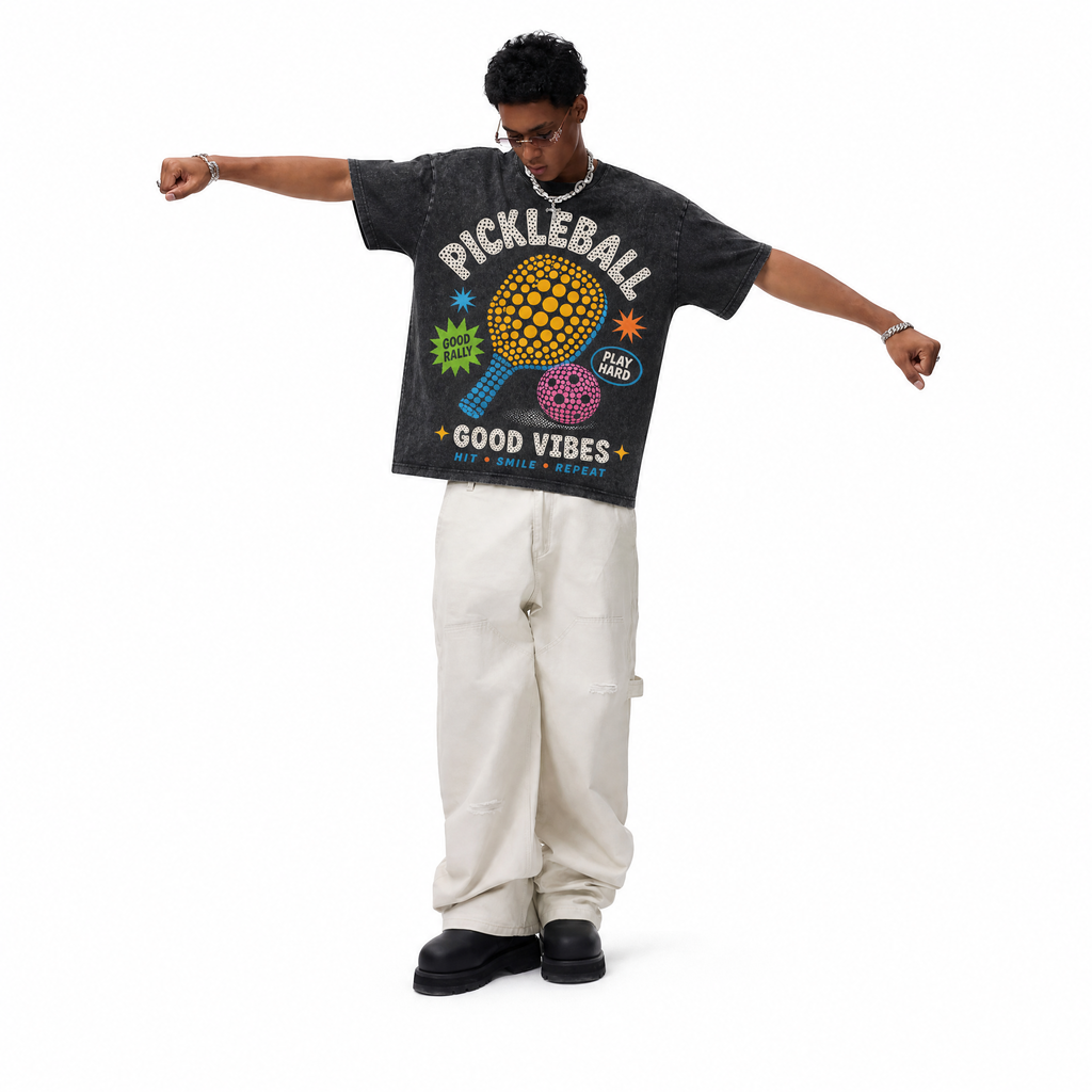 LAWLESSROW Good Vibes Pickleball Vintage Washed Oversized Graphic Tee