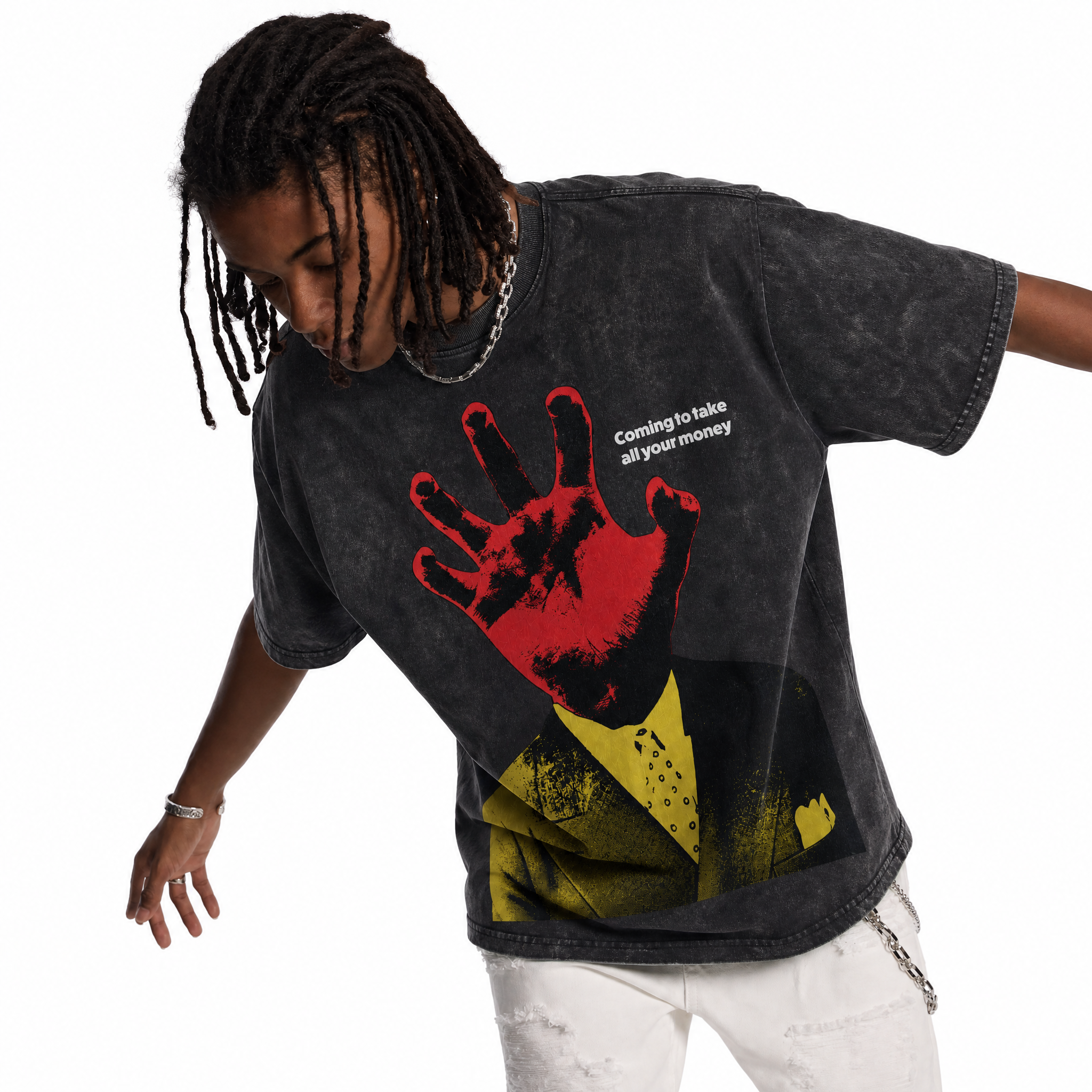 Vintage Acid Wash Coming To Take All Your Money Hand Head Suit Graphic Oversized T-Shirt | LAWLESSROW