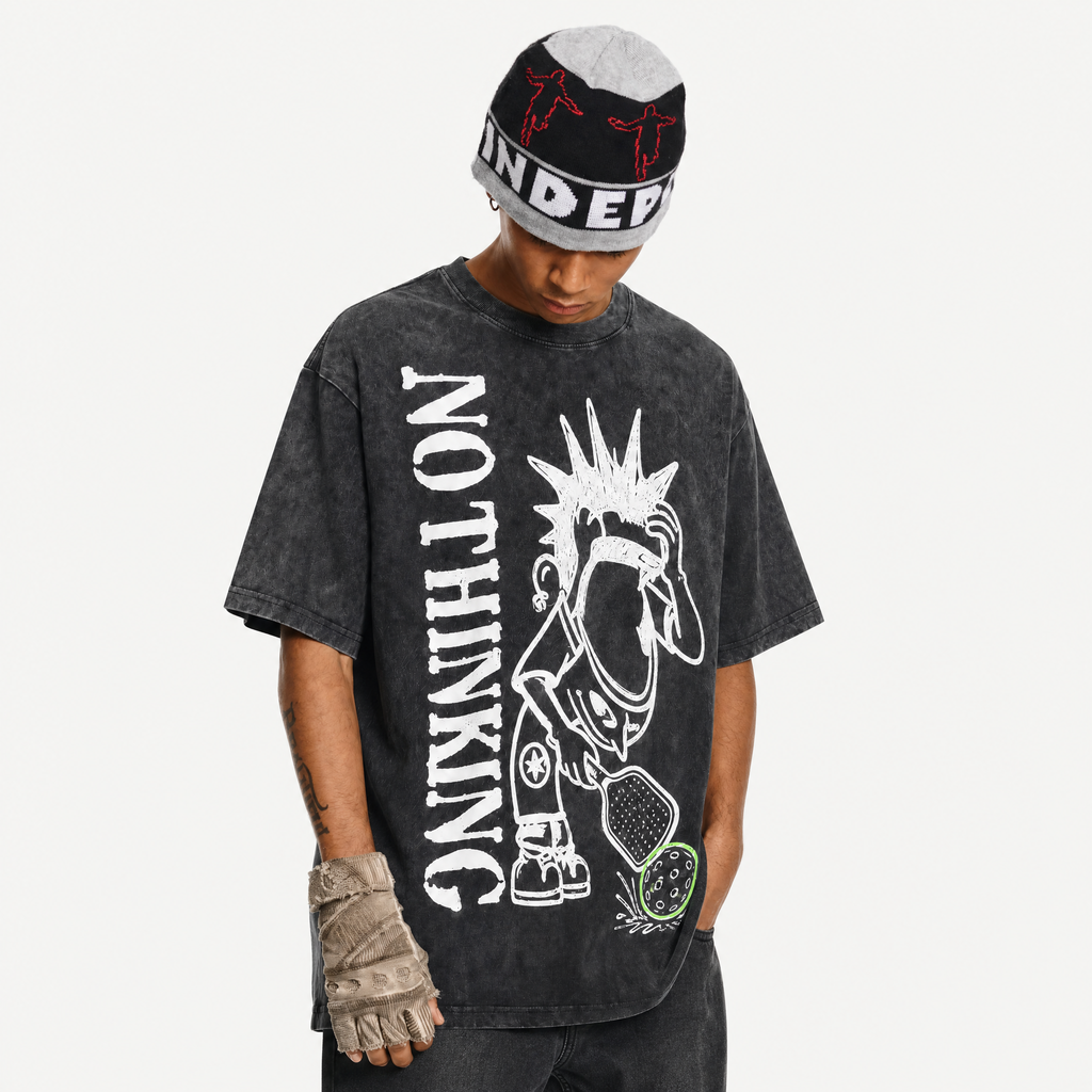 Vintage Acid Wash No Thinking Pickleball Punk Cartoon Oversized Graphic T-Shirt | LAWLESSROW