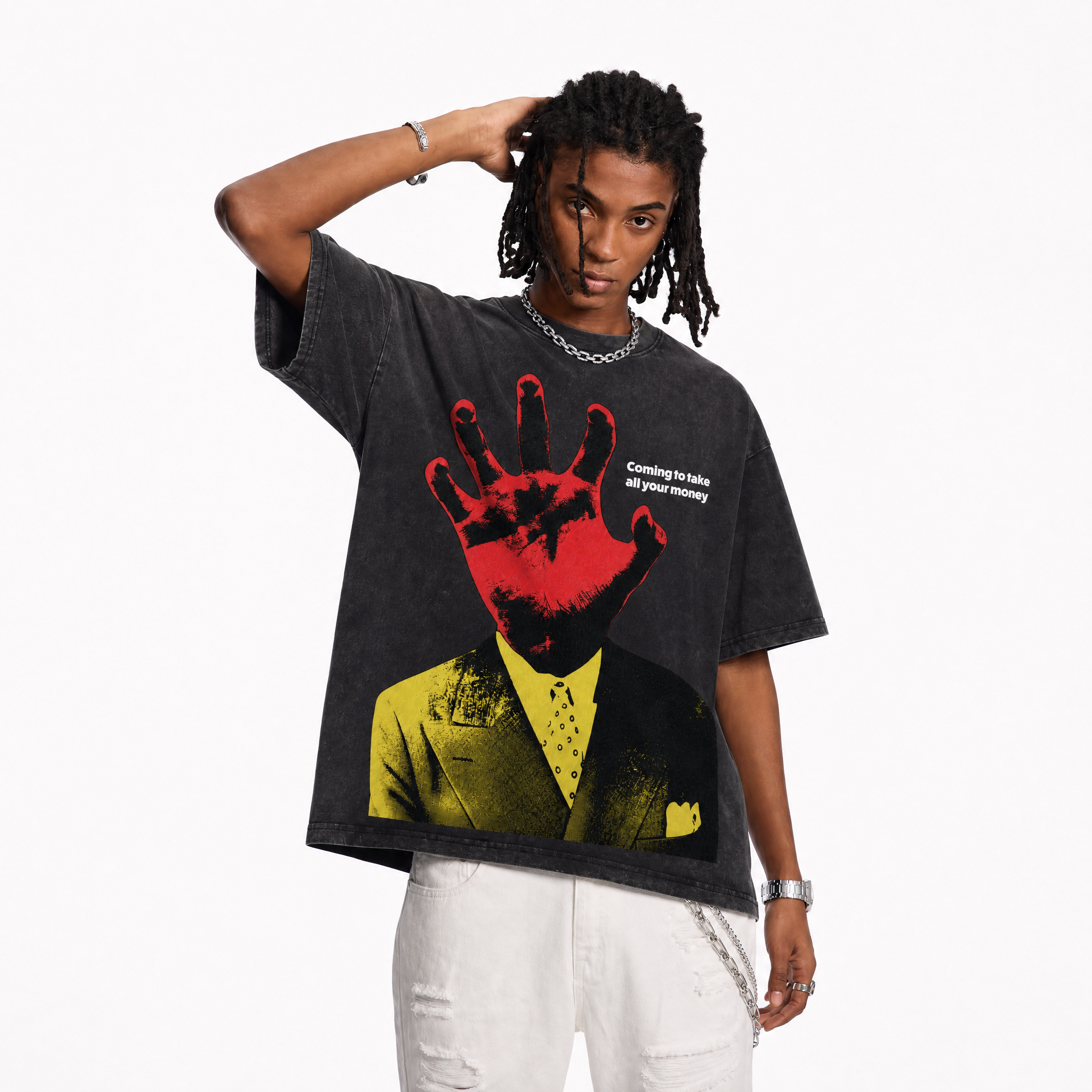 Vintage Acid Wash Coming To Take All Your Money Hand Head Suit Graphic Oversized T-Shirt | LAWLESSROW