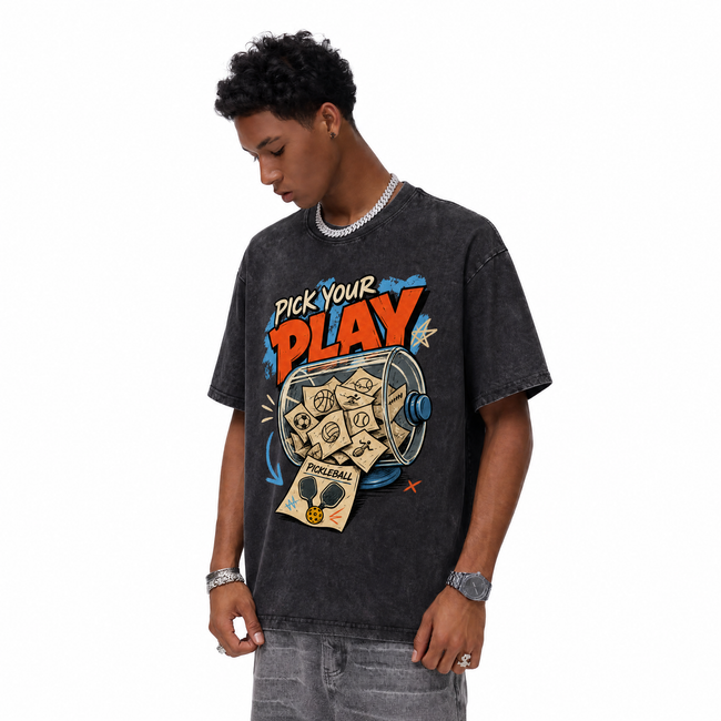 Vintage Acid Wash Pick Your Play Pickleball Retro Cartoon Oversized T-Shirt Main Image