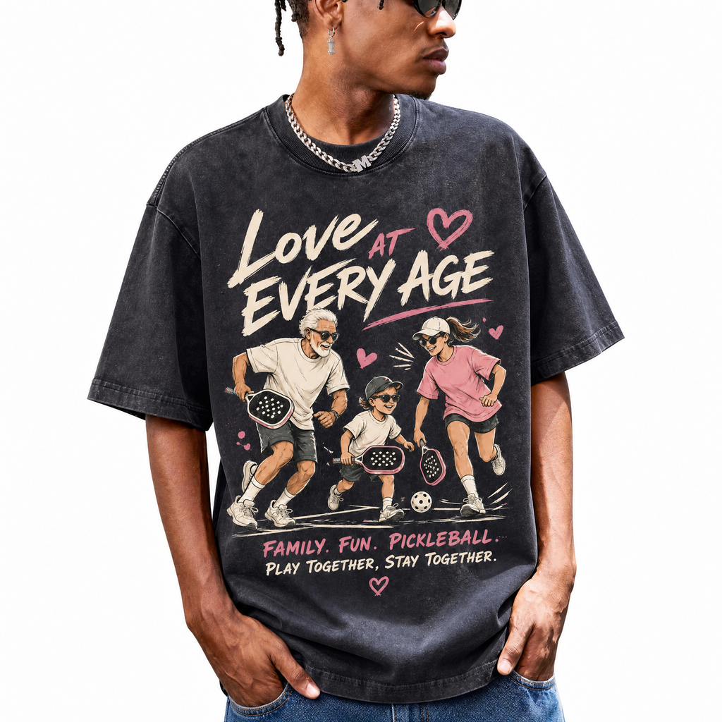 Vintage Acid Wash Love At Every Age Family Pickleball Play Together Oversized Graphic T-Shirt