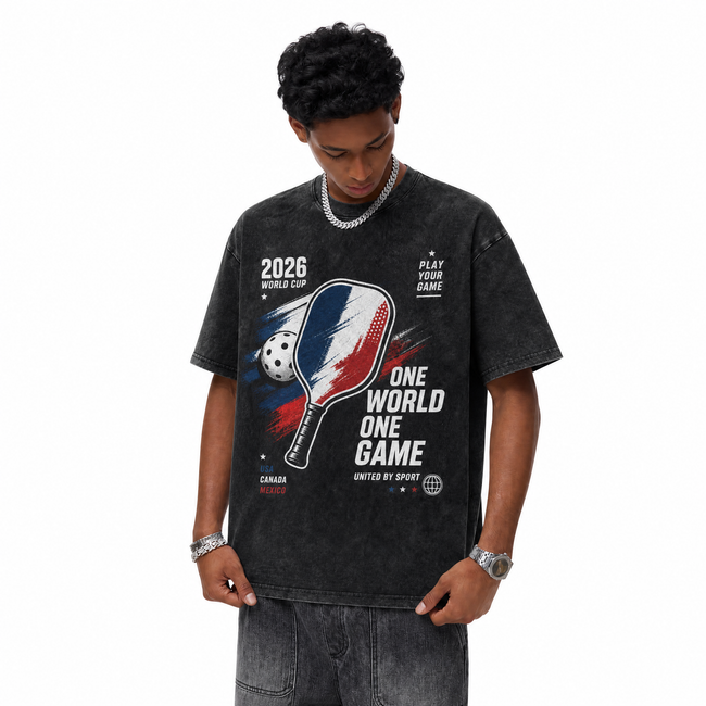 Vintage Acid Wash 2026 World Cup Pickleball One World One Game USA Canada Mexico Oversized Graphic T-Shirt Main Image