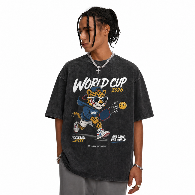 Vintage Acid Wash World Cup 2026 Pickleball Leopard Mascot Oversized Graphic T-Shirt Main Image