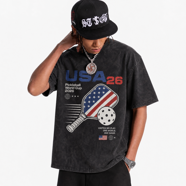 Vintage Acid Wash USA 26 Pickleball World Cup 2026 American Flag Paddle Oversized Graphic T-Shirt Main Image