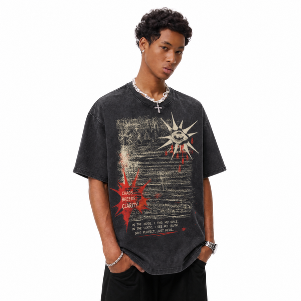 Vintage Acid Wash Chaos Breeds Clarity Grunge Sun Eye Oversized Streetwear Graphic T-Shirt - hover