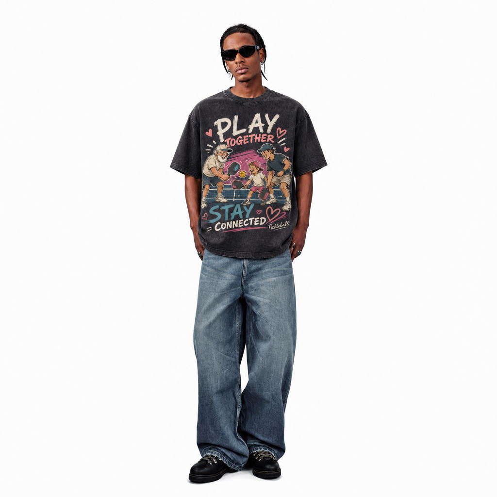 Vintage Acid Wash Play Together Stay Connected Family Pickleball Oversized Graphic T-Shirt
