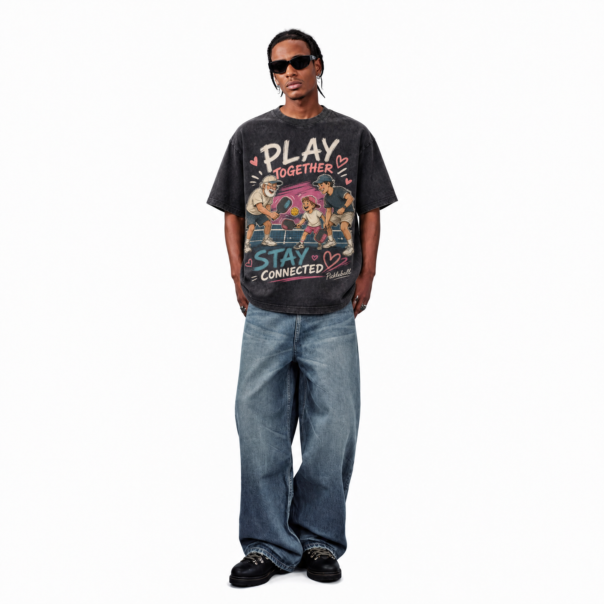 Vintage Acid Wash Play Together Stay Connected Family Pickleball Oversized Graphic T-Shirt