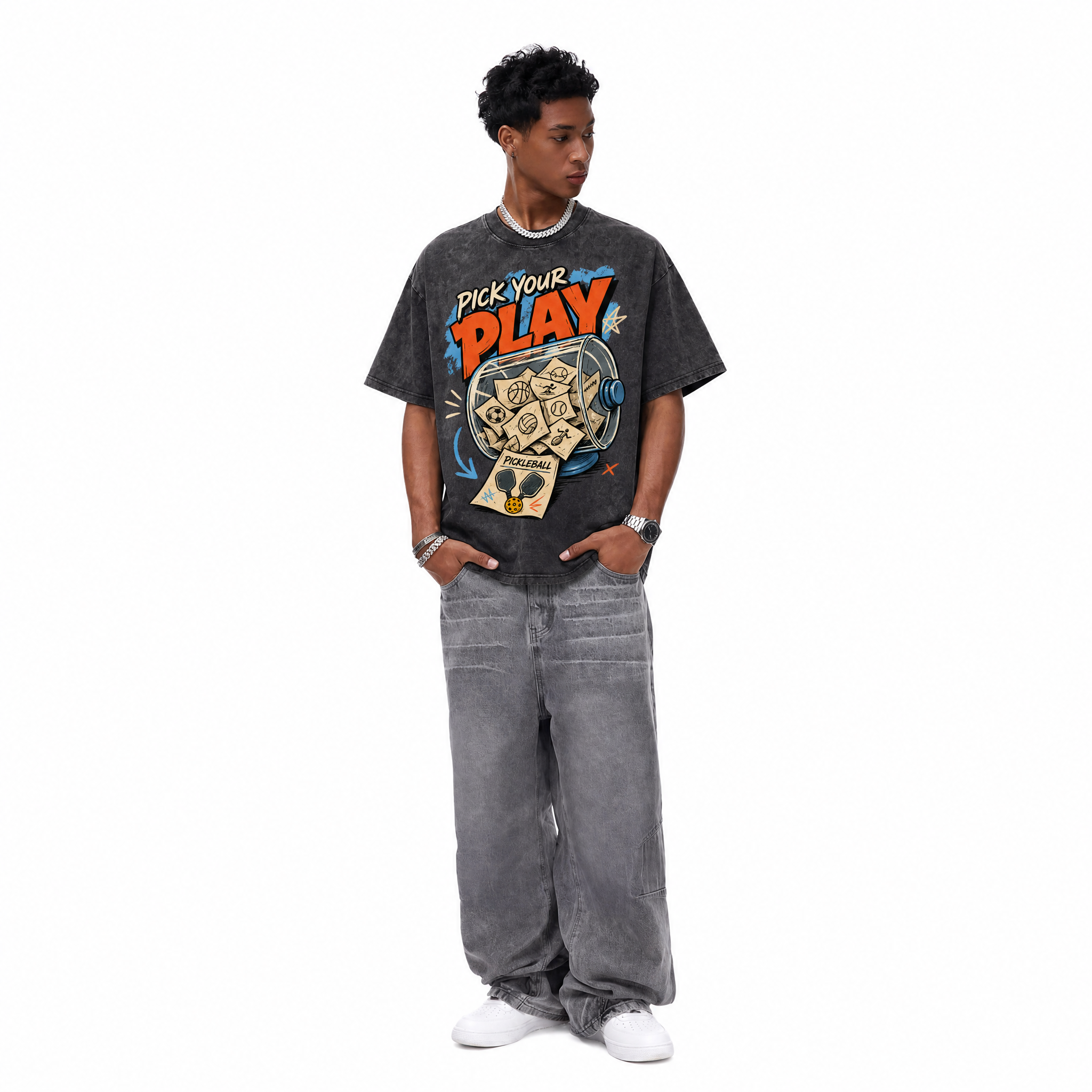Vintage Acid Wash Pick Your Play Pickleball Retro Cartoon Oversized T-Shirt